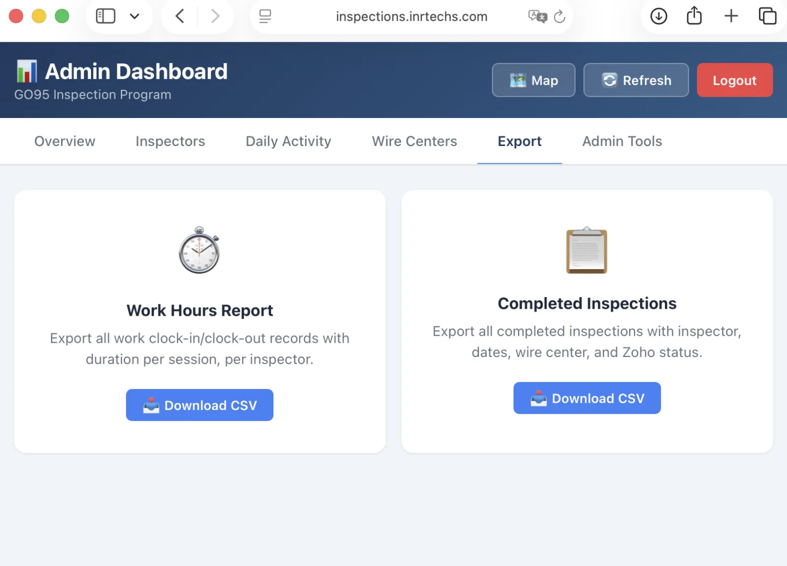 Export tab with Work Hours and Completed Inspections CSV downloads