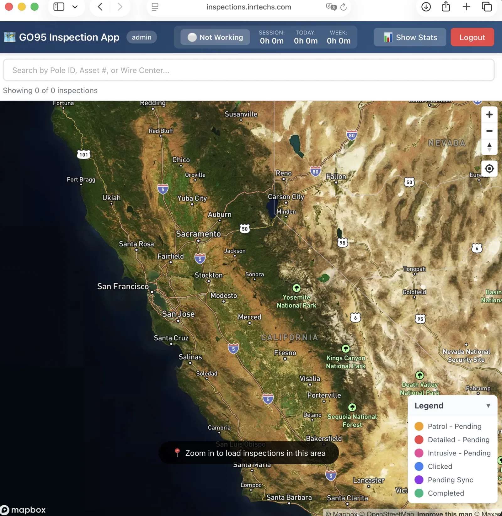 Statewide map view showing inspection load zones across California